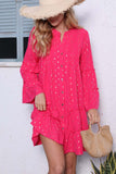 Llyge Button Pleated Bell Sleeve Tiered Dress
