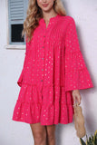 Llyge Button Pleated Bell Sleeve Tiered Dress
