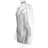 Llyge Diamond Halter Metal Party Dresses 2024 Sexy Gold Silver Summer Dress Vesitos Backless Sequins Women Dress Dropshipping