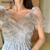 Llyge summer Sweet Tulle Dress Women Vintage French Style Lace Fairy Dress Elegant Puff Sleeve Lace-Up Princess Party Dresses 2021