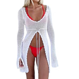 Llyge Women Solid Color Knit Cutout Long Sleeve Tie-Up Summer Swimsuit Crochet Bathing Suit Bikini Cover Ups Beach Sundress