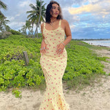 Llyge Boho Floral Maxi Dress Women Scoop Neck Backless Mermaid Long Dress Fashion Summer Holiday Dress Beach Sundress
