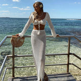 Llyge Women Summer 2PCS Outfit Bikini Cover-ups Sets Long Sleeve Tie Up Crop Tops+White Long Knit Hollow Tassels Skirt Suit