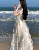 Llyge Women Fashion Bohemian Print Long Dresses France Elegant Ruffles Strap Beach Holiday Vestidos Korean One Piece A-Line Robe