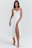 Llyge Full Lining Elegant Lace Up Holiday Party Dresses Midi Sexy Spaghetti Strap Split Dress White Summer Dress Women 2023