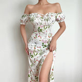 Llyge Off Shoulder Flower Print Sexy Dress For Women High Split Elegant Long Dresses Backless Bodycon Summer Dress Vestidos