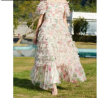 Llyge Floral Sweet Elegant Women's Mesh Dress Slash Neck High Waist Edible Tree Fungus Casual Midi Cloth New Summer 2024