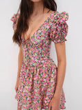 Llyge Women's Vintage Elegant Summer Short Puff Sleeve V Neck Floral Print Tie Up Button Corset Short Mini Party Dresses