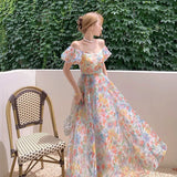 Llyge Summer Floral Print Off Shoulder Long Dress Women Sweet Puff Sleeves Thin Straps Elegant Long New Dresses For Women