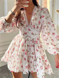 Llyge Elegant Women Floral Print Short Mini Dress Long Lantern Sleeve Deep V Neck High Waist A-Line Dresses Female Vestidos 2024