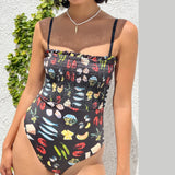 Llyge Women's Y2K Romper Swimsuit Tight Fitted Square Neck Sleeveless Shirred Seashell Shrimp Print Monokini Beach Swimwear