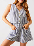 Llyge Women Striped 2 Pieces Short Sets Summer Loose Fit Sleeveless Button Up Tank Tops Elastic Waist Shorts Outfits Lounge Streetwear