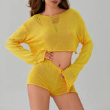 Llyge Women Boho Knit Summer Swimsuit Cover-Up Outfits See-through Ripped Long Sleeve Crop Pullovers+Drawstring Shorts Set