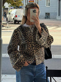 Llyge Leopard Jackets Women Casual Loose Round Neck Thick Coats Female 2024 Autumn Long Sleeves Fashion High Street Outwears Lady