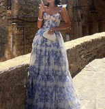 Llyge Women's French Fashion Floral Sleeveless Swing Dress Temperament Lace Up Pastoral Woman Elegant High Waist Dresses