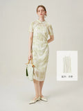 Llyge New Chinese Style Camisole Skirt+Green Floral Dress Two Sets Waist Pleated Design Short Sleeve Stand Collar Dress