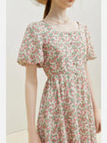 Llyge French Open Waist Design Fragmented Flower Dress 2024 Summer New Square Neck Dress For Women Pink Loose Casual Dress