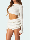 Llyge Women Knitted 2 Piece Short Set Chic Solid Color Crew Neck Long Sleeve Knit Crop Tops Ruffles Tiered Shorts Autumn Outfit Trendy