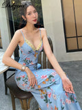 Llyge 2024 Summer Women Straps Sexy Backless Print Flower Maxi Dress Lace Patchwork Y2K Club Vocation Evening Party Wholesale