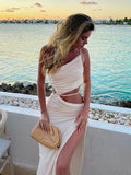 Llyge Elegant Sexy Cut Out Drawstring Ruched Long Dress for Women Summer Holiday Outfits Club Party Split Maxi Dresses
