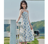 Llyge Women Suspended Dress 2024 Summer Sleeveless A-shaped Loose Blue Floral Print Fashion Seaside Vacation Style Skirt