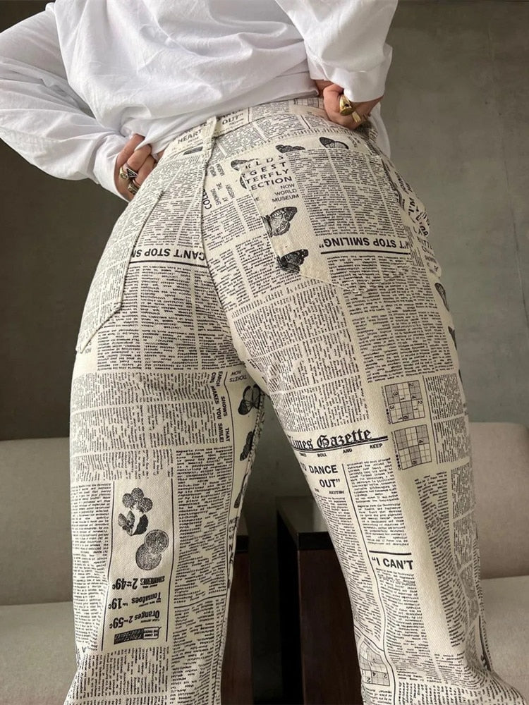 Woman Fashion Beige Print Straight Pants Spring Chic High Waisted Button Pants Girls Cool Streetwear Patchwork Trousers 0509