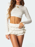 Llyge Women Knitted 2 Piece Short Set Chic Solid Color Crew Neck Long Sleeve Knit Crop Tops Ruffles Tiered Shorts Autumn Outfit Trendy