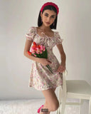 Llyge 2024 New women's summer explosive fashion bubble sleeve floral small A skirt female dress summer