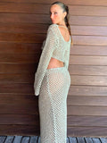 Llyge Womens Summer 2Pieces Crochet Hollow out Swimsuit Cover Ups Off Shoulder Knit Crop Pullovers+Long Skirt Set Beachwear