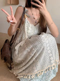 Llyge Sweet Boho Dress Women Summer Holiday Lace Floral Dresses Casual Vintage Spaghetti Strap Sleeveless Sundress