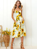 Llyge Women Summer Sunflower Dress Sexy Strapless Dress Midi Button Backless Floral Sundress Beach Female 2024 Women Clothes