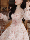 Llyge 2024 Spring Pink Floral Elegant Dress Women Bandage Lace Print Sweet Vintage Dress Puff Sleeve Kawaii Dress Women Princess Fairy