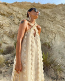 Llyge Cross Neck Maxi Dress For Women Summer Sleeveless Solid Color 3d Flower Dress Casual Holiday Evening Cake Vestidos