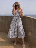 Llyge Floral Print Dress Sweet Square Neck Puff Sleeve Side Spilt Drawstring Maxi Dresses for Women Party Chic Casual Outfits