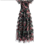 Llyge Floral Sweet Elegant Women's Mesh Dress Slash Neck High Waist Edible Tree Fungus Casual Midi Cloth New Summer 2024