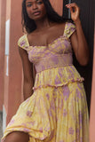 Llyge Bohemian Summer Women Floral Printed Long Dress Square Neck Tiered Bottom Piecing Big Swing A-line Dress Holiday Beach Sundress