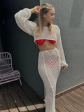 Llyge Womens Summer 2Pieces Crochet Hollow out Swimsuit Cover Ups Off Shoulder Knit Crop Pullovers+Long Skirt Set Beachwear