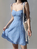 Llyge Blue Flower Spaghetti Strap Vintage Dress Women Clothing Sleeveless Lace-up Fashion Summer Mini Womens Dresses Vacation Outfits