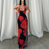 Llyge Sexy Floral Long Dress Women Criss Cross Backless Maxi Dress Halter Bodycon Club Party Dress With Slit