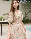 Llyge Floral Dress 2024 Summer French 100 Cotton A-LINE Puff Sleeve Slash Neck Square Neck Folds Waist Long Dresses
