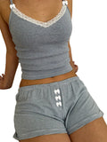 Llyge Women Striped Pajama Set Lace Trim V-neck Sleeveless Slim Camisole with Bow Shorts Comfy Cozy Sleepwear Loungewear for Female