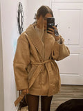 Llyge Winter Oversized Fake Shearling Jackets For Women 2024 Winter Streetwear Belts Thick Warm Faux Teddy Fur Coat Double Faced Tops