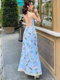 Llyge 2024 Summer Women Straps Sexy Backless Print Flower Maxi Dress Lace Patchwork Y2K Club Vocation Evening Party Wholesale