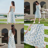 Llyge Women Suspended Dress 2024 Summer Sleeveless A-shaped Loose Blue Floral Print Fashion Seaside Vacation Style Skirt