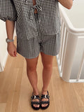 Llyge Women Shorts Set Summer Short Puff Sleeve V Neck Bow Tie-up T-shirt with Elastic Waist Shorts Plaid Casual Loose Outfits Lounge