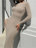 Llyge Fall Casual Knit Ribbed Bodycon Long Dress Simple Style Solid Color Long Sleeve O Neck Wrapped Pencil Dress Street Party