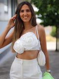 Llyge summer Tops For Women 2023 Fashion Raised Floral White Top Camis Straight Neckline Sleeveless Spaghetti Strap  Crop Top