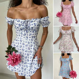 Llyge 2024 New Summer Casual Off Shoulder Tie Up Floral Print A-Line Dress Sexy Women Short Sleeve Slim Mini Dress for Club Party