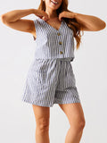 Llyge Women Striped 2 Pieces Short Sets Summer Loose Fit Sleeveless Button Up Tank Tops Elastic Waist Shorts Outfits Lounge Streetwear