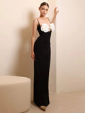 Llyge Black Flower Appliques Sexy Hollow Out Bandage Dress Sexy Spaghetti Strap Sleeveless Maxi Celebrity Evening Runway Party Dress